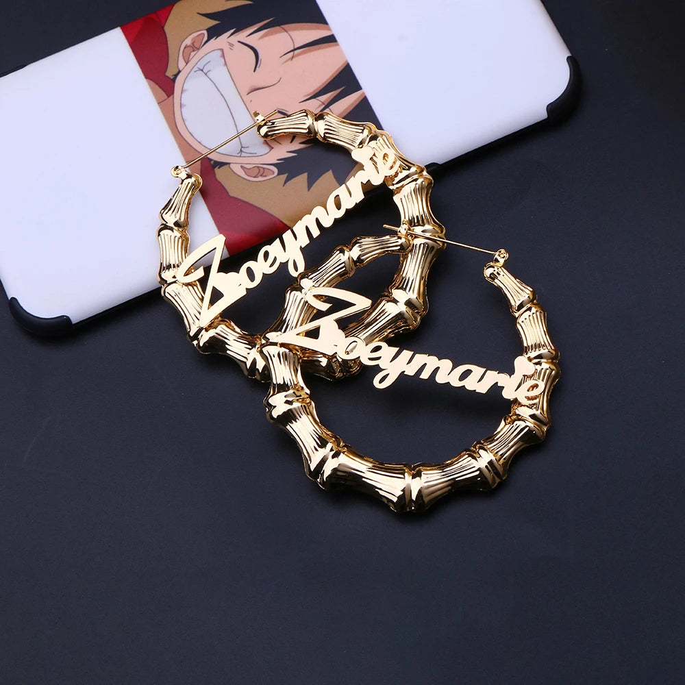 Custom Gold Bamboo Name Earrings - Personalized Nameplate Hoops 30MM-100MM, Hip Hop Jewelry Gift for Women, Christmas Gif