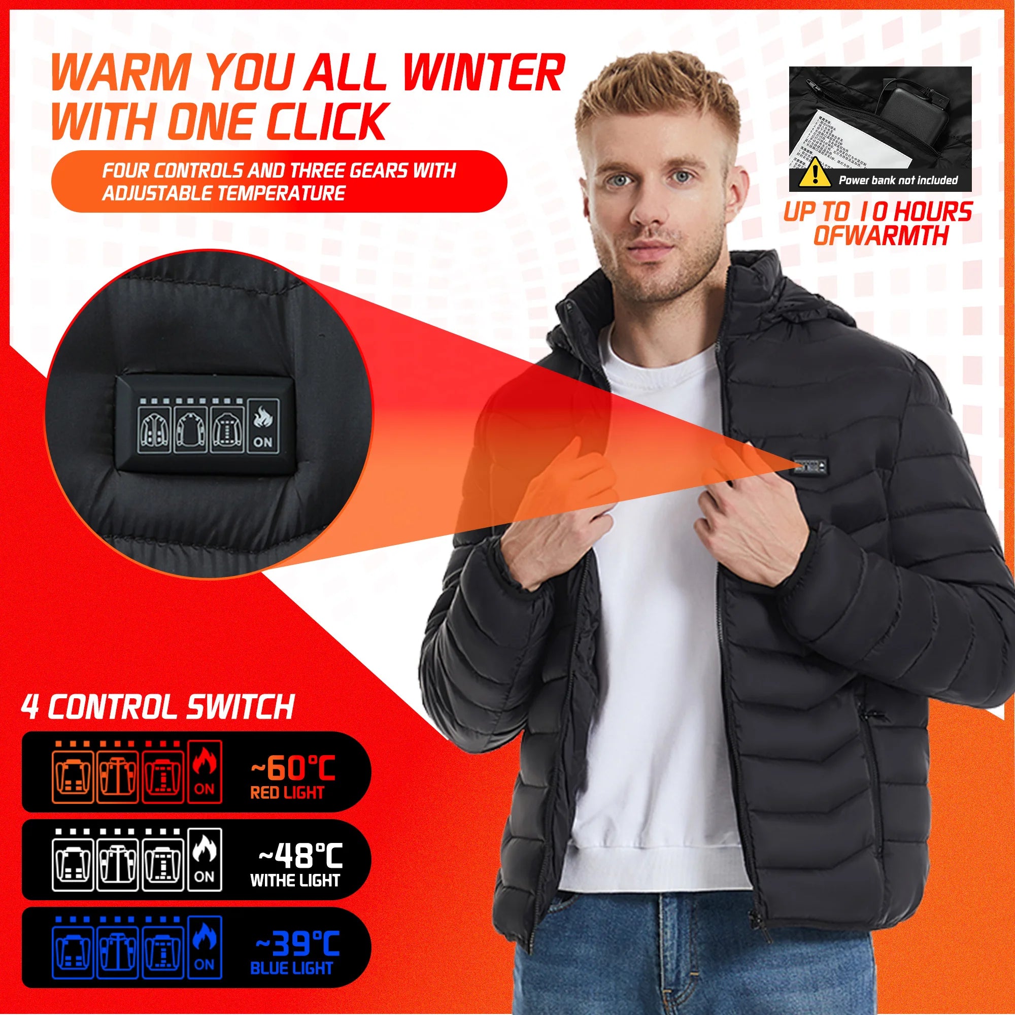 Electric Heated coat jacket winter jacket for outdoors skiing camping hiking adjustable heating levels  for men for women C6