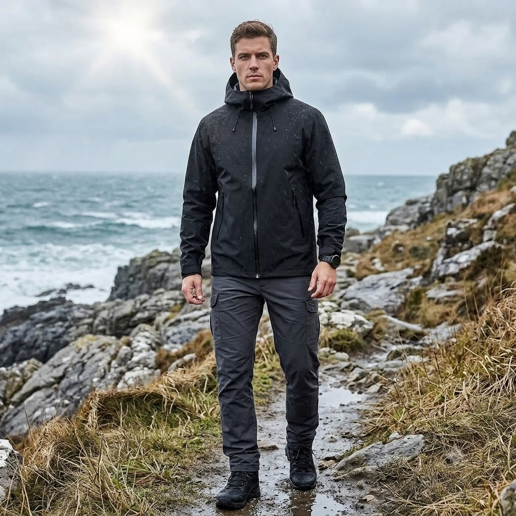 Three-Layer Waterproof Outdoor Jacket – Hooded Windproof Shell for Hiking, Skiing & Camping