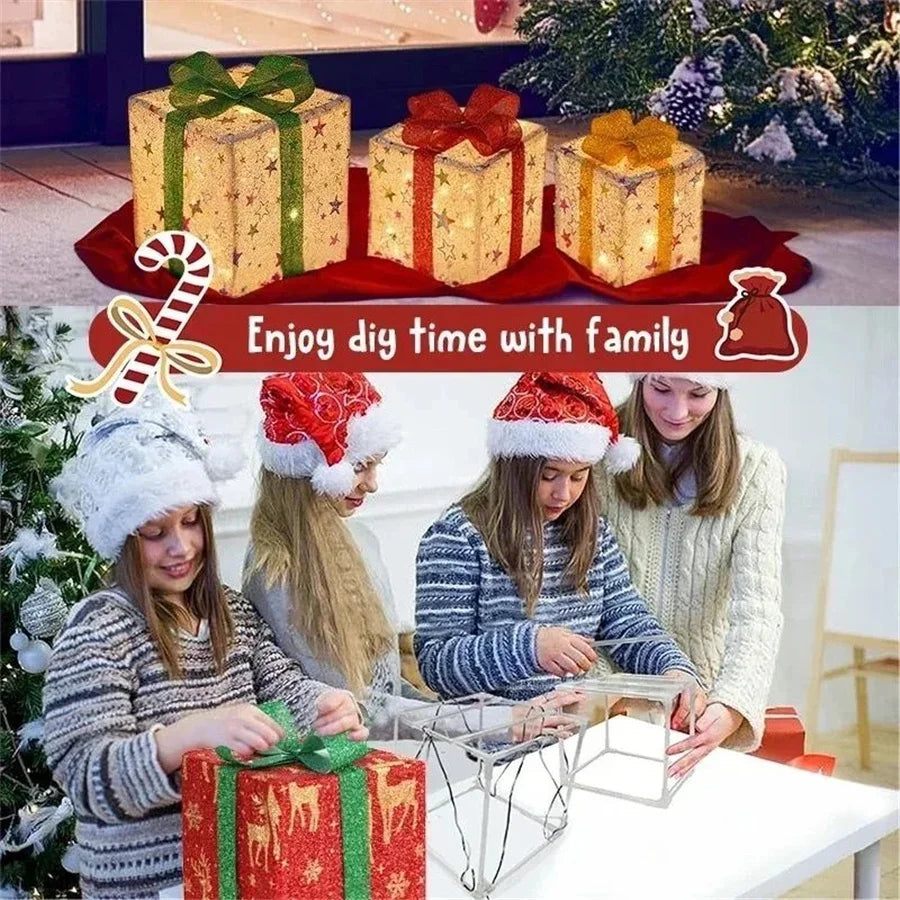 LED Christmas Gift Box Lights – 3-Piece Set with Remote Control, Warm Fairy Lights for Holiday, Wedding & Party Decorations