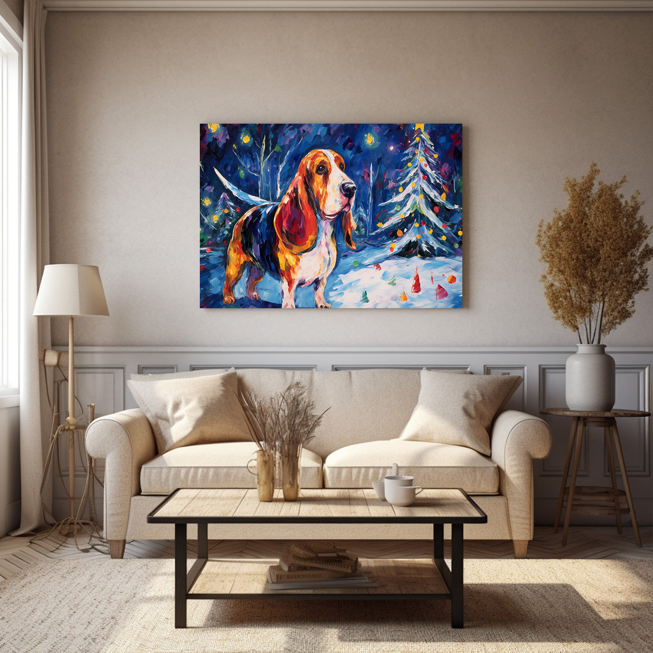 Basset Hound Dog Christmas Starry Night Oil Painting Van Goh Style, Wooden Canvas Prints Wall Art Painting , Canvas 3d Art