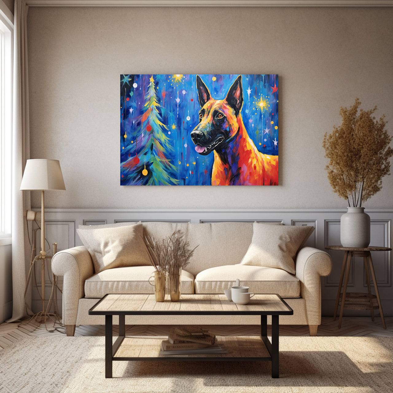 Belgian Malinoi Dog Christmas Starry Night Oil Painting Van Goh Style, Wooden Canvas Prints Wall Art Painting , Canvas 3d Art