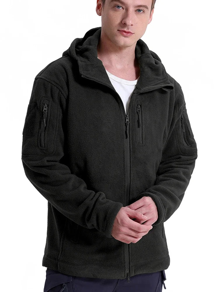 Men’s Outdoor Fleece Jacket – Warm Full Zip Multi-Pocket Hooded Tactical Style Jacket
