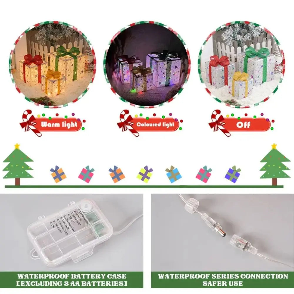 3Pcs Christmas LED Gift Boxes – Lighted Present Boxes with Bow, Warm Fairy Lights for Holiday Decorations