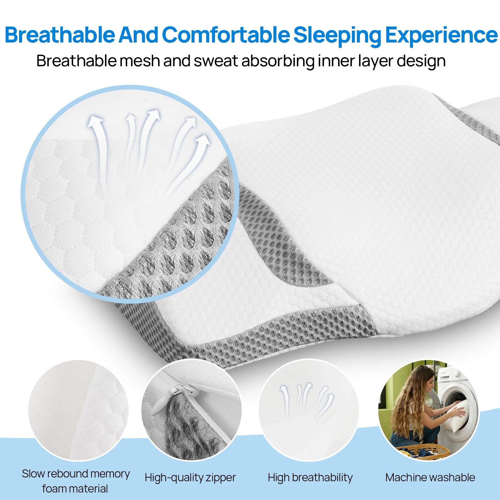 Queen Size Memory Foam Neck Pillow – Ergonomic Contour Design with Arm Rest Slots and Cooling Fabric Cover