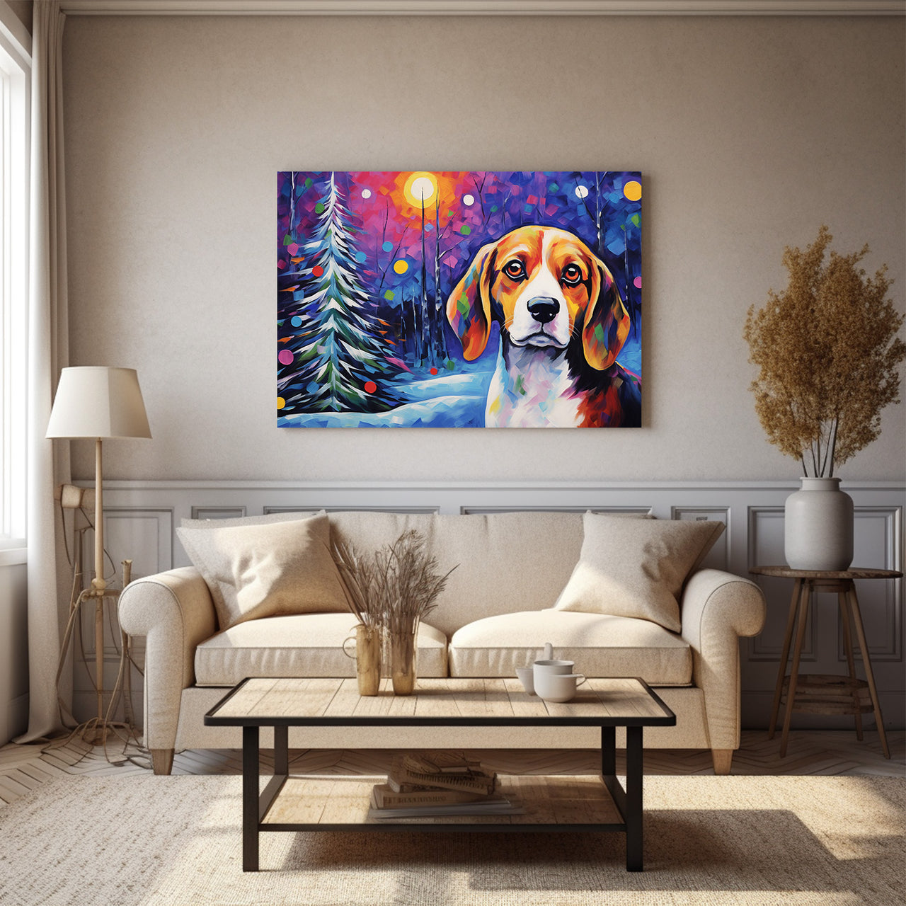 Beagle Dog Christmas Starry Night Oil Painting Van Goh Style, Wooden Canvas Prints Wall Art Painting , Canvas 3d Art