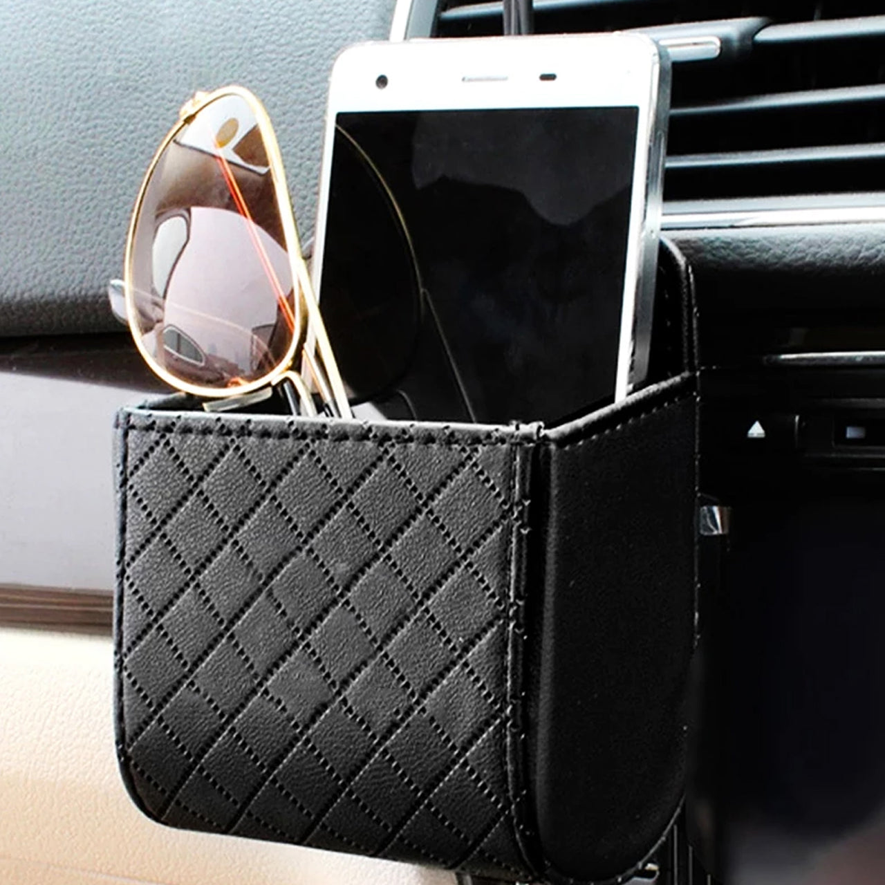 Car Auto Seat Back Interior Air Vent Cell Phone Holder Pouch Bag Box Tidy Storage Coin Bag Case Organizer with Hook, Custom fit for car