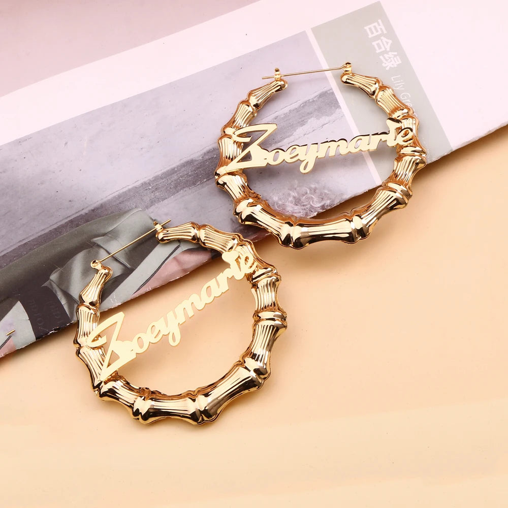 Custom Gold Bamboo Name Earrings - Personalized Nameplate Hoops 30MM-100MM, Hip Hop Jewelry Gift for Women, Christmas Gif