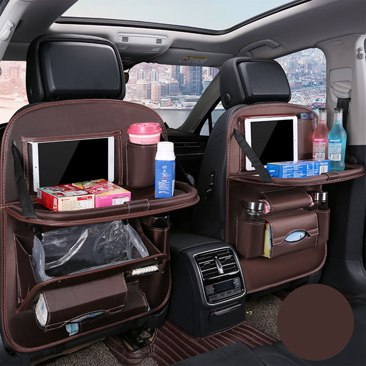 Backseat Organizer With Tablet Holder PU Leather, Custom Fit For Your Cars, Backseat Car Organizer, Car Seat Back Protectors Kick With Foldable Table Tray Car Seat Organizer, Car Accessories PF15987