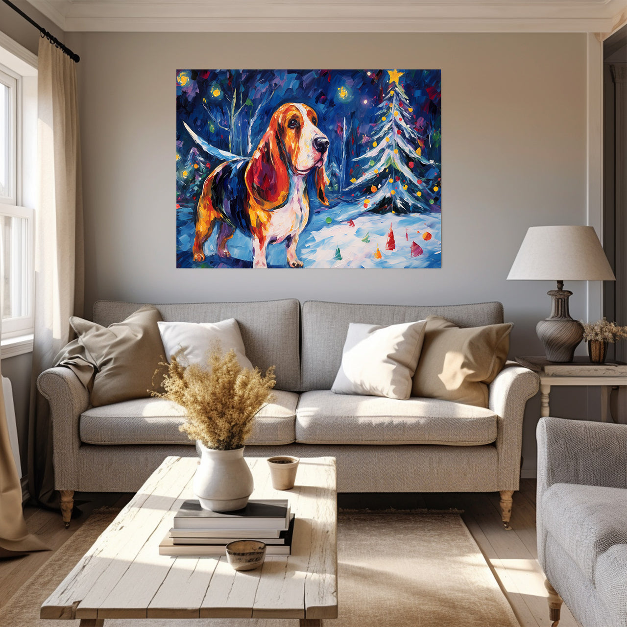 Basset Hound Dog Christmas Starry Night Oil Painting Van Goh Style, Wooden Canvas Prints Wall Art Painting , Canvas 3d Art