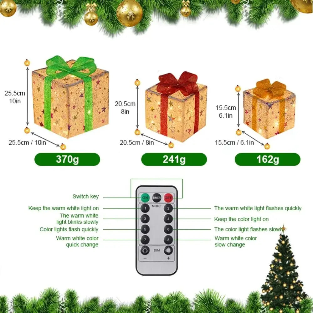 3Pcs Christmas LED Gift Boxes – Lighted Present Boxes with Bow, Warm Fairy Lights for Holiday Decorations