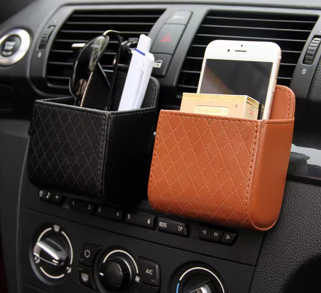 Car Auto Seat Back Interior Air Vent Cell Phone Holder Pouch Bag Box Tidy Storage Coin Bag Case Organizer with Hook, Custom fit for Car