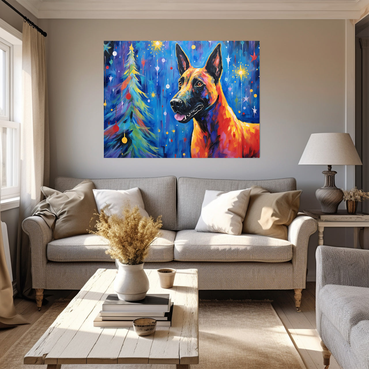 Belgian Malinoi Dog Christmas Starry Night Oil Painting Van Goh Style, Wooden Canvas Prints Wall Art Painting , Canvas 3d Art