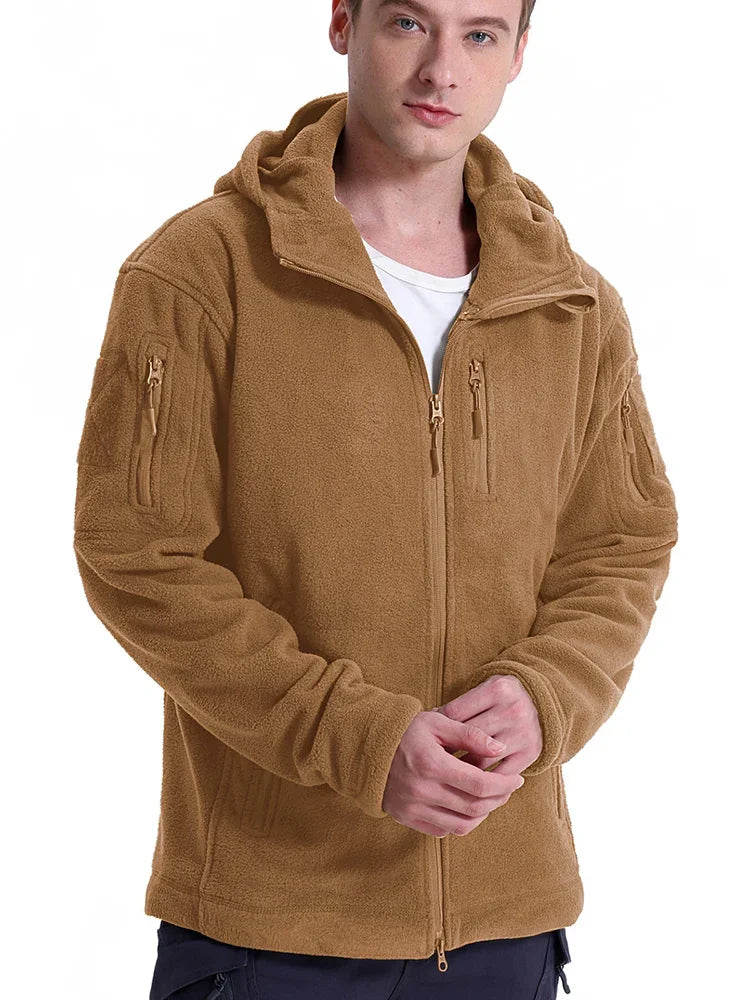 Men’s Outdoor Fleece Jacket – Warm Full Zip Multi-Pocket Hooded Tactical Style Jacket