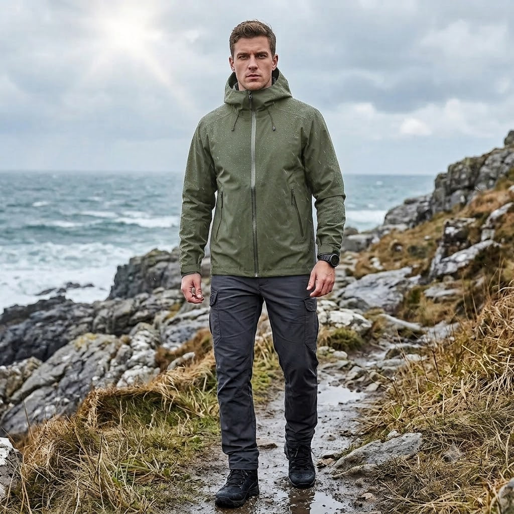 Three-Layer Waterproof Outdoor Jacket – Hooded Windproof Shell for Hiking, Skiing & Camping
