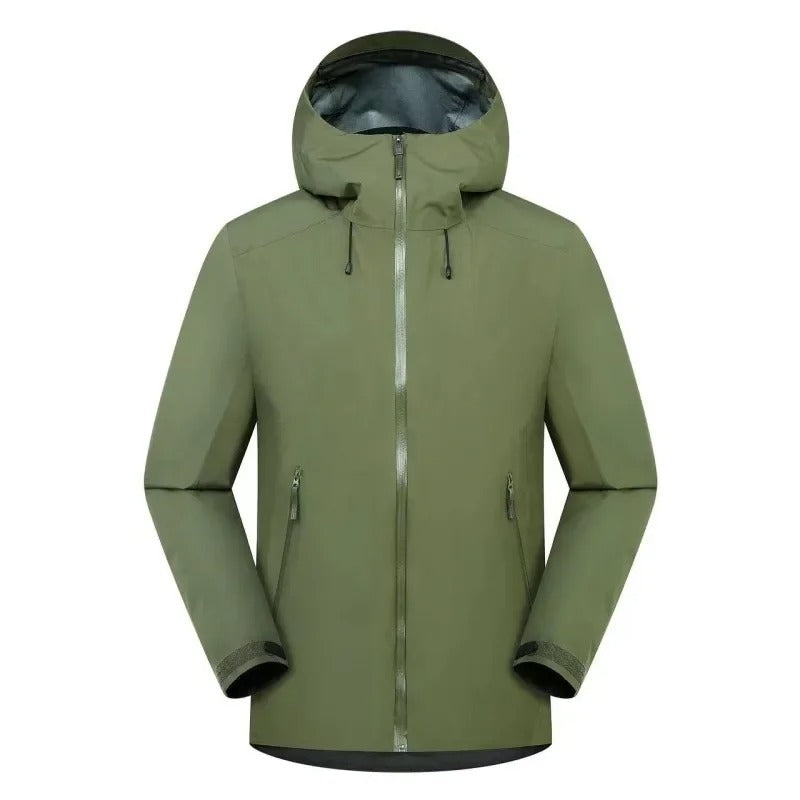 Three-Layer Waterproof Outdoor Jacket – Hooded Windproof Shell for Hiking, Skiing & Camping