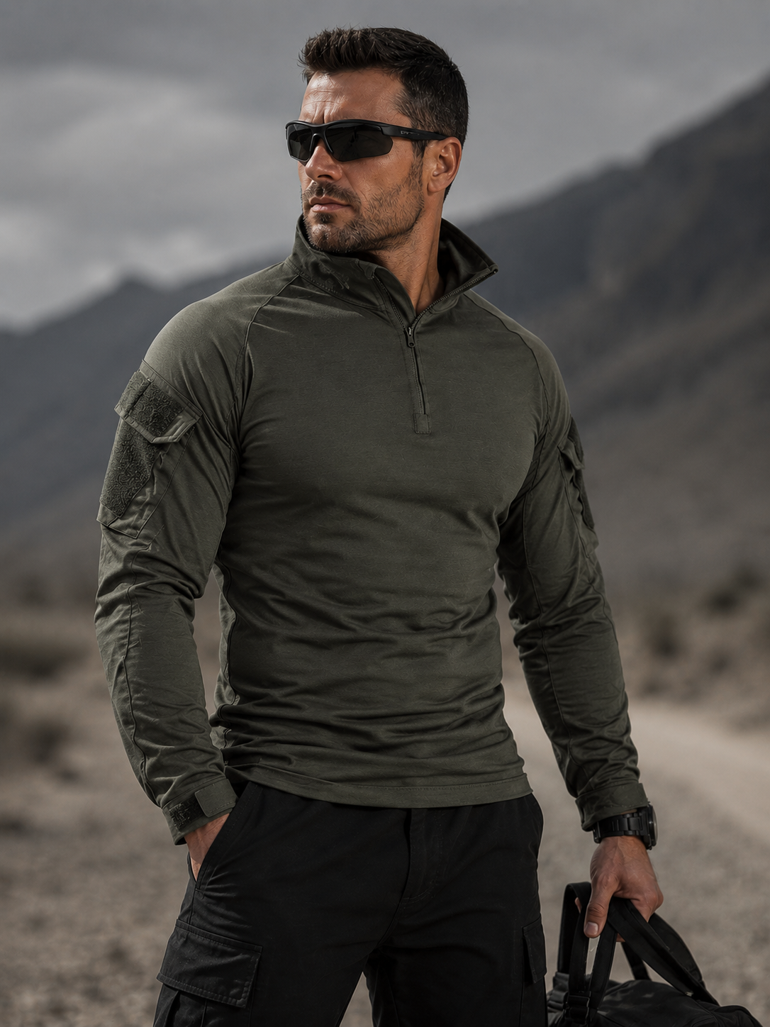 Men’s 1/4 Zip Tactical Shirt – Breathable Long Sleeve Ripstop Outdoor Combat Style Top