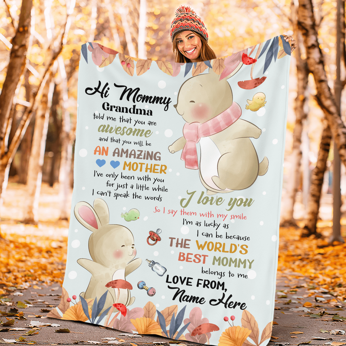 Personalized Hi Mommy Funny Bunny Custom Name Fleece Sherpa Blanket Gift For Mom Mother