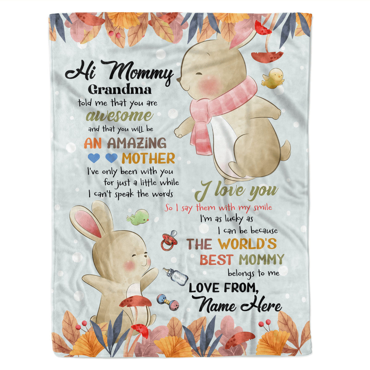 Personalized Hi Mommy Funny Bunny Custom Name Fleece Sherpa Blanket Gift For Mom Mother