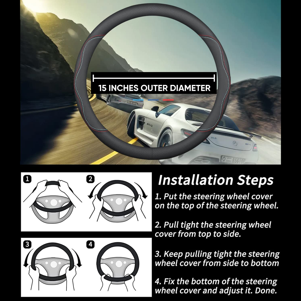 Car Steering Wheel Cover 2024 Update Version, Custom-Fit for Car, Premium Leather Car Steering Wheel Cover with Logo, Car Accessories WAVE222