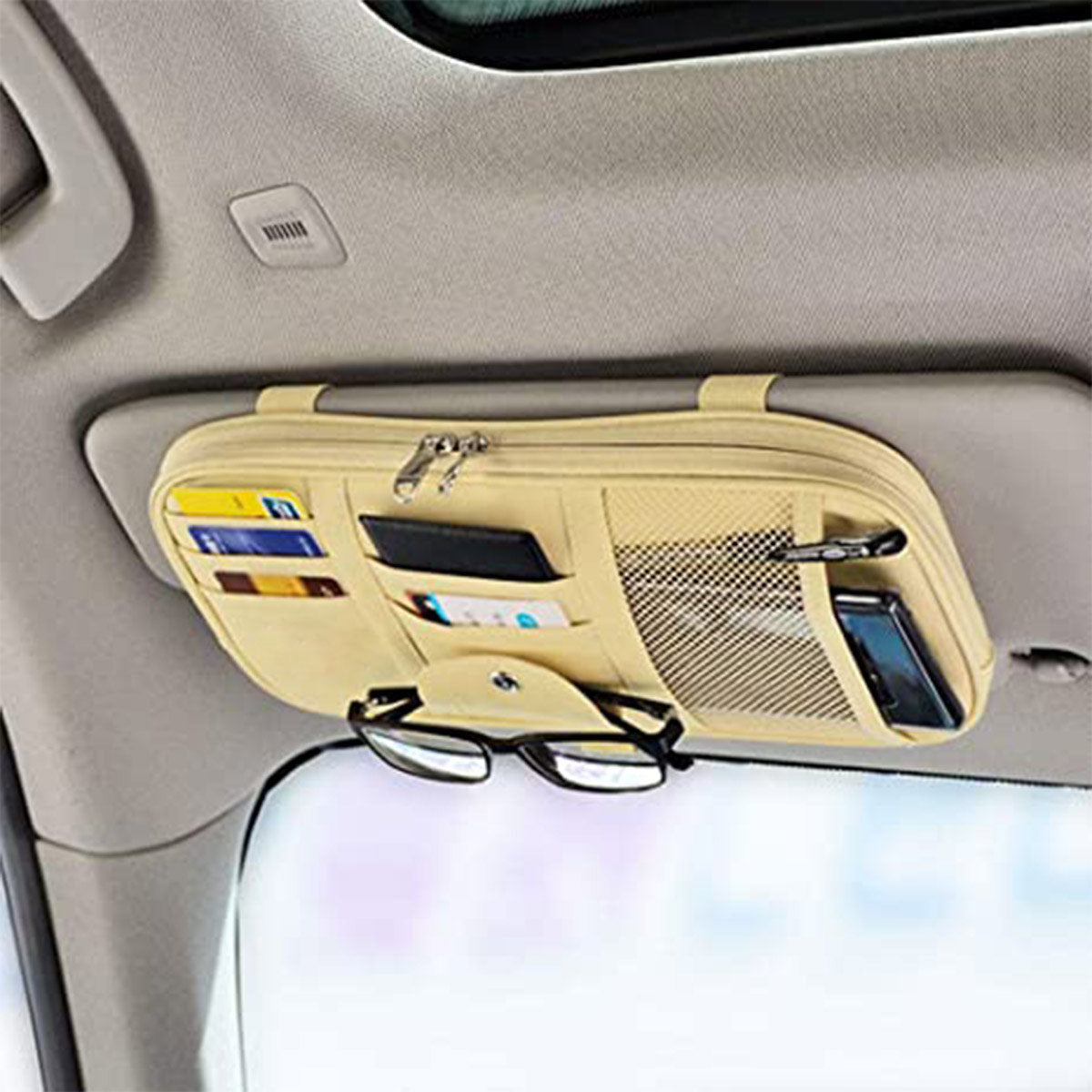 Car Sun Visor Organizer Auto Car Visor Pocket and Interior Accessories Car Truck Visor Storage Pouch Holder with Multi-Pocket Net Zippers