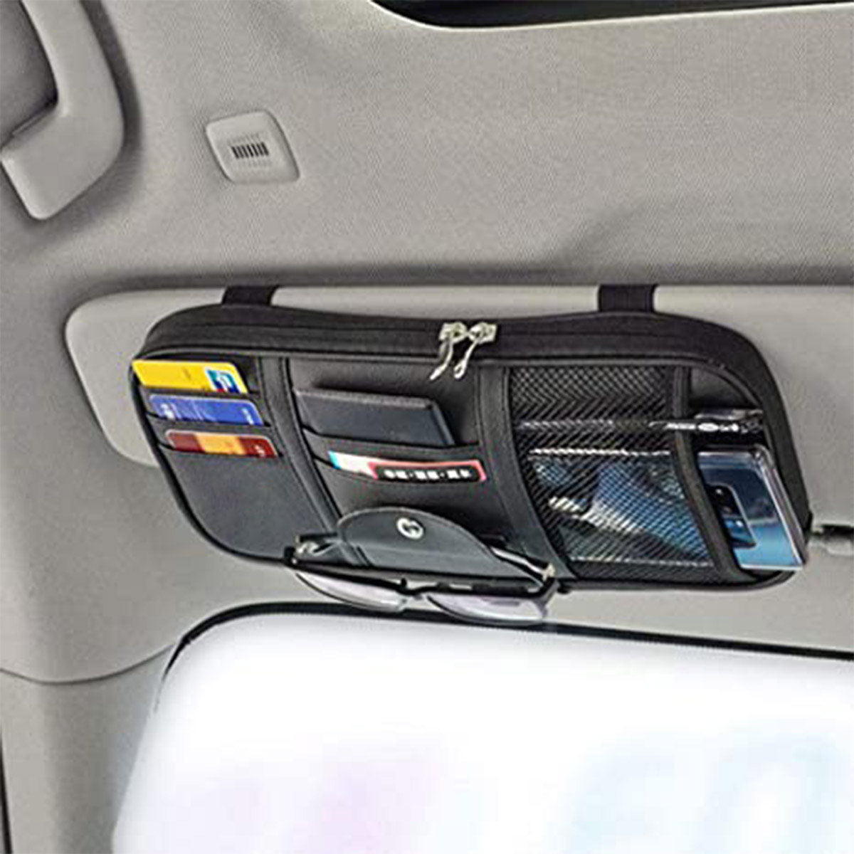 Car Sun Visor Organizer Auto Car Visor Pocket and Interior Accessories Car Truck Visor Storage Pouch Holder with Multi-Pocket Net Zippers