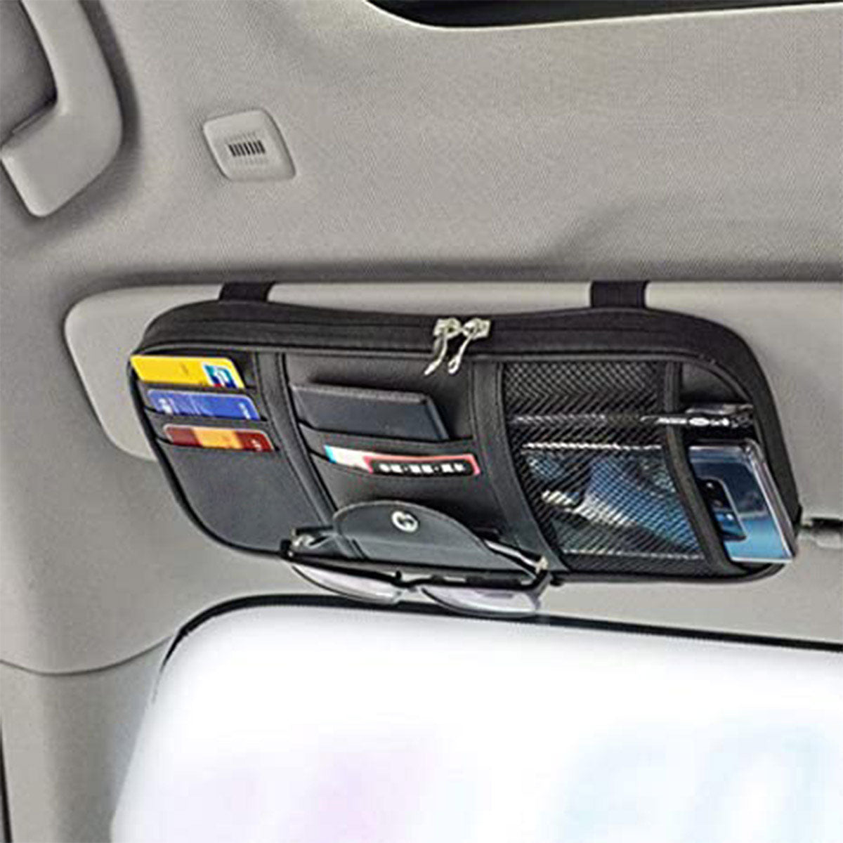 Car Sun Visor Organizer Auto Car Visor Pocket and Interior Accessories Car Truck Visor Storage Pouch Holder with Multi-Pocket Net Zippers