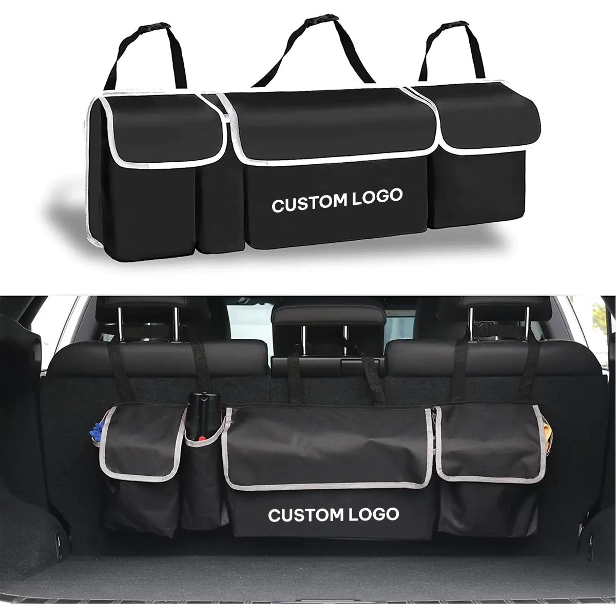 Car Trunk Hanging Organizer Fit Your Car, Thick Backseat Trunk Storage Bag with 4 Pockets and 3 Adjustable Shoulder Straps, Foldable Car Trunk Interior Accessories Releases Your Trunk Space