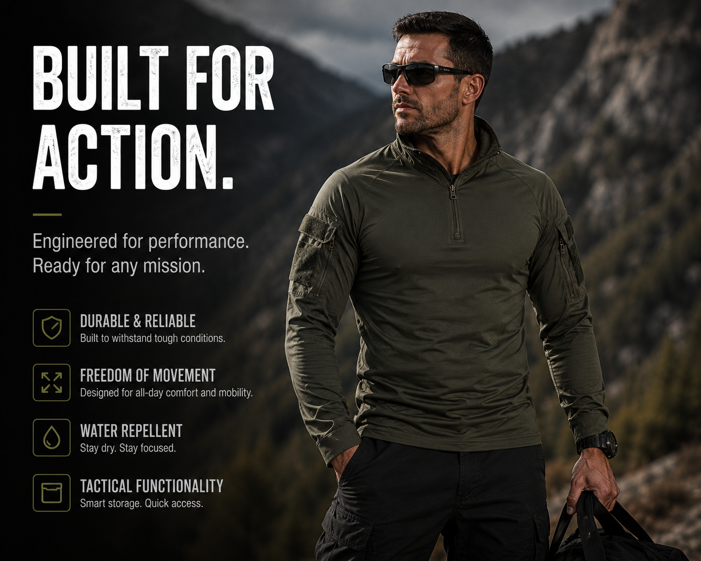 Men’s 1/4 Zip Tactical Shirt – Breathable Long Sleeve Ripstop Outdoor Combat Style Top