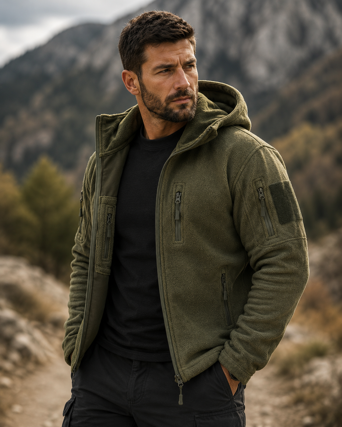 Men’s Outdoor Fleece Jacket – Warm Full Zip Multi-Pocket Hooded Tactical Style Jacket