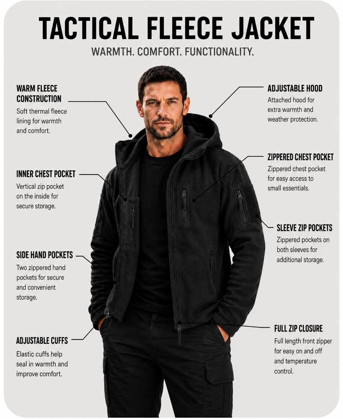 Men’s Outdoor Fleece Jacket – Warm Full Zip Multi-Pocket Hooded Tactical Style Jacket