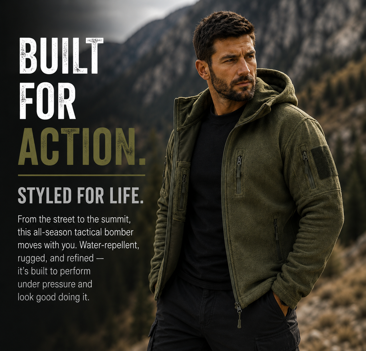 Men’s Outdoor Fleece Jacket – Warm Full Zip Multi-Pocket Hooded Tactical Style Jacket
