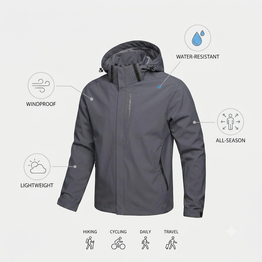 Men's Waterproof Outdoor Jacket – Lightweight Windproof Hooded Coat for Hiking, Cycling & Everyday Wear