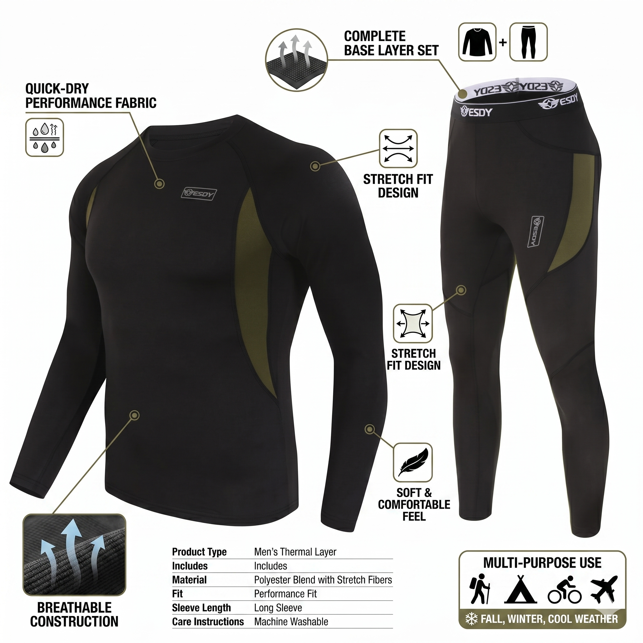 Men's Thermal Base Layer Set – Quick-Dry Long Sleeve Performance Top & Pants
