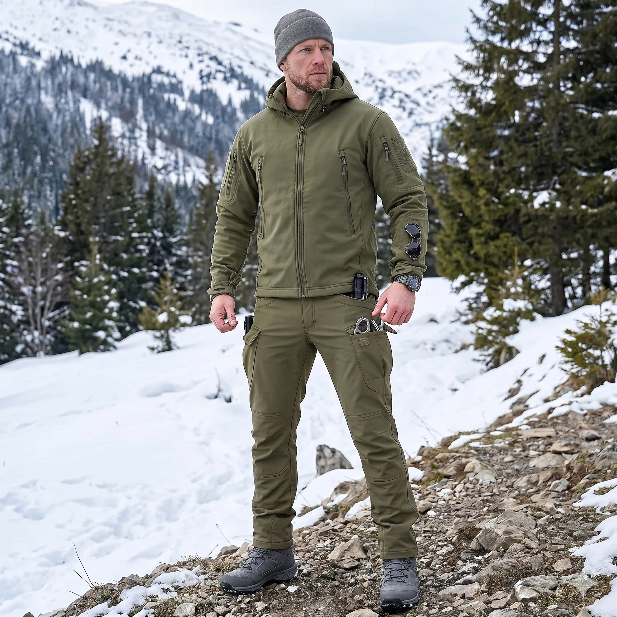 Men’s Soft Shell Tactical Set – Waterproof Fleece Lined Multi-Pocket Outdoor Wear