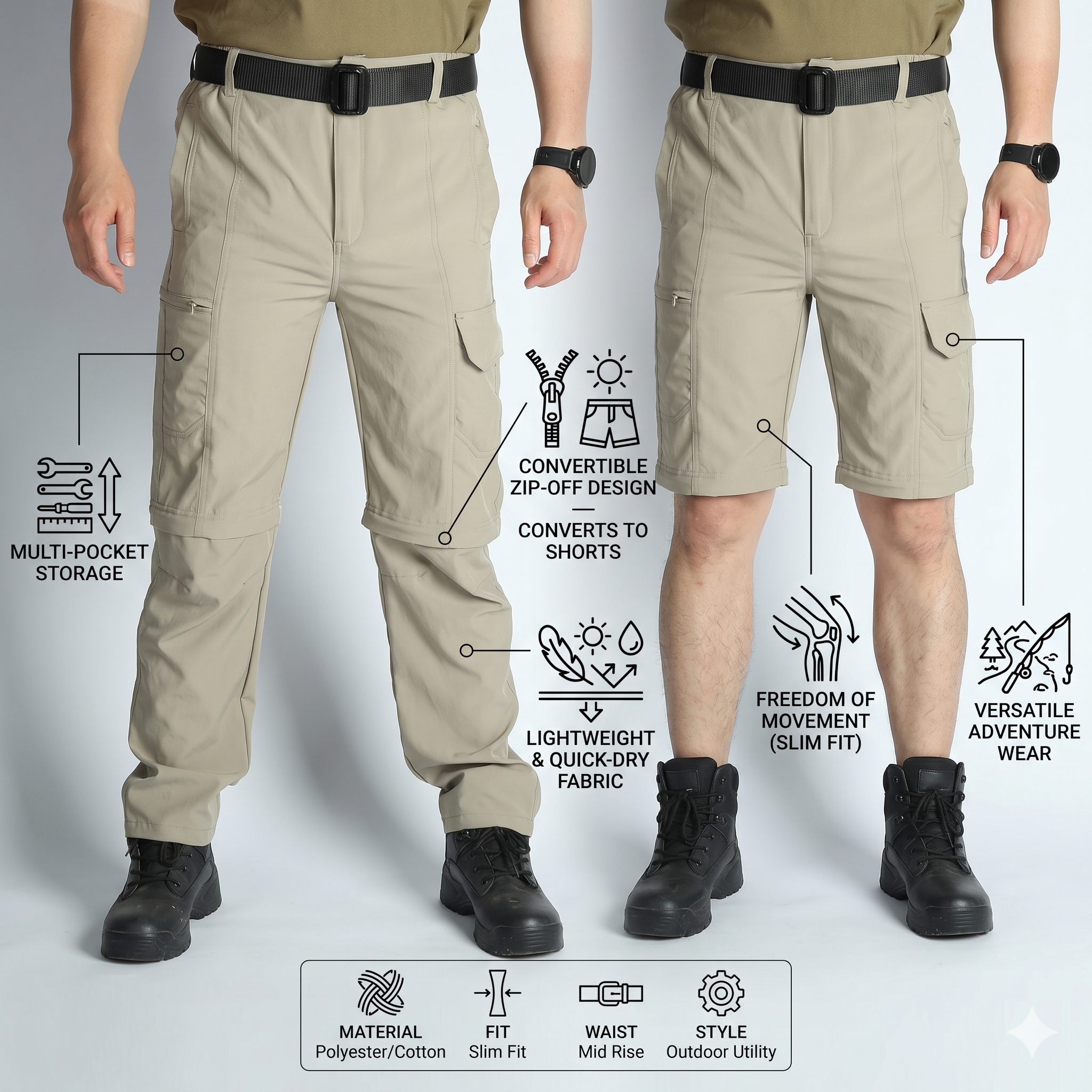 Men's Convertible Hiking Pants – Zip-Off Quick-Dry Outdoor Cargo Trousers