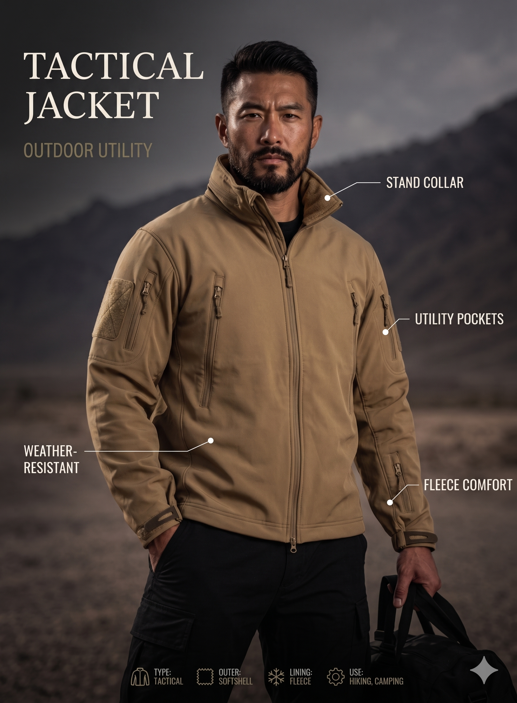 Men’s Softshell Tactical Fleece Jacket – Full-Zip Outdoor Utility Coat
