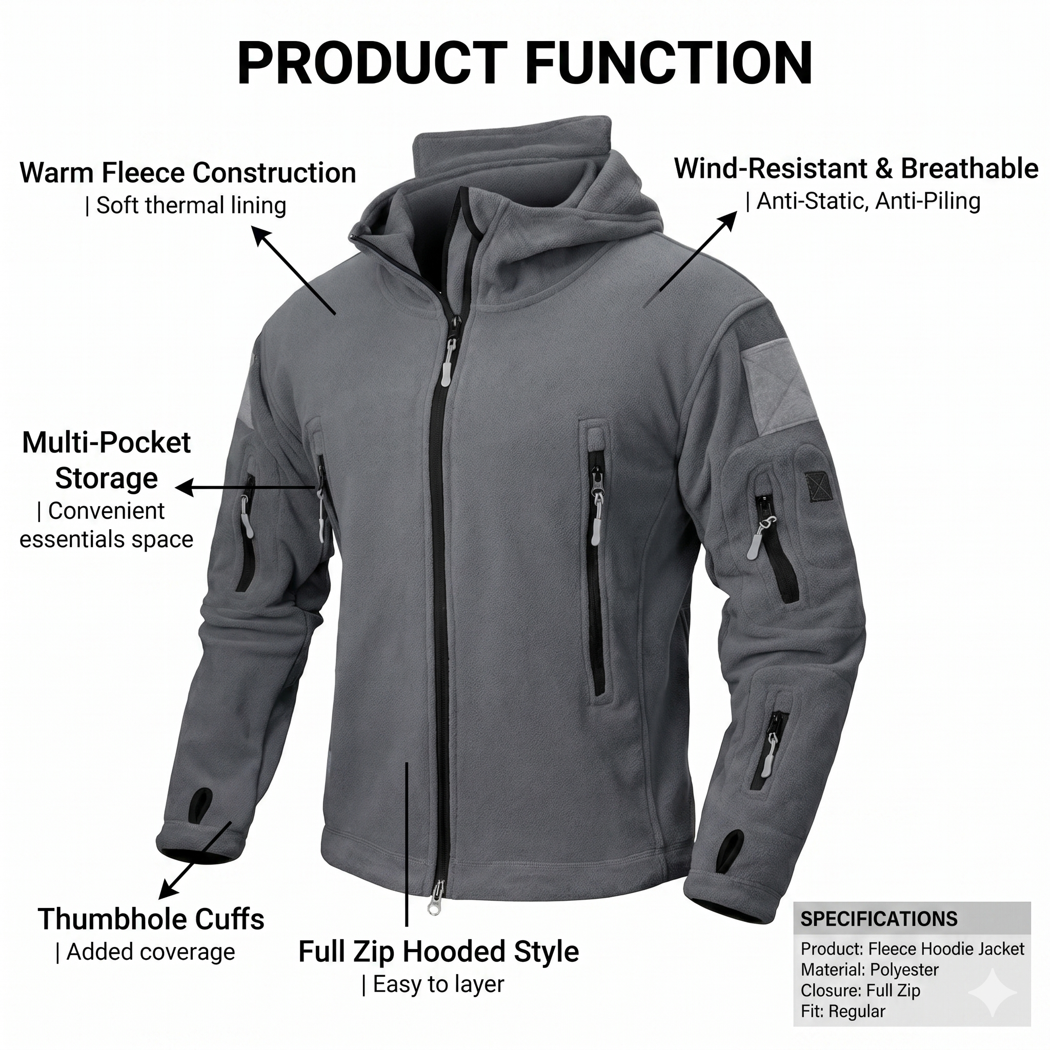 Men’s Winter Fleece Hoodie Jacket – Warm Full Zip Multi-Pocket Outdoor Coat
