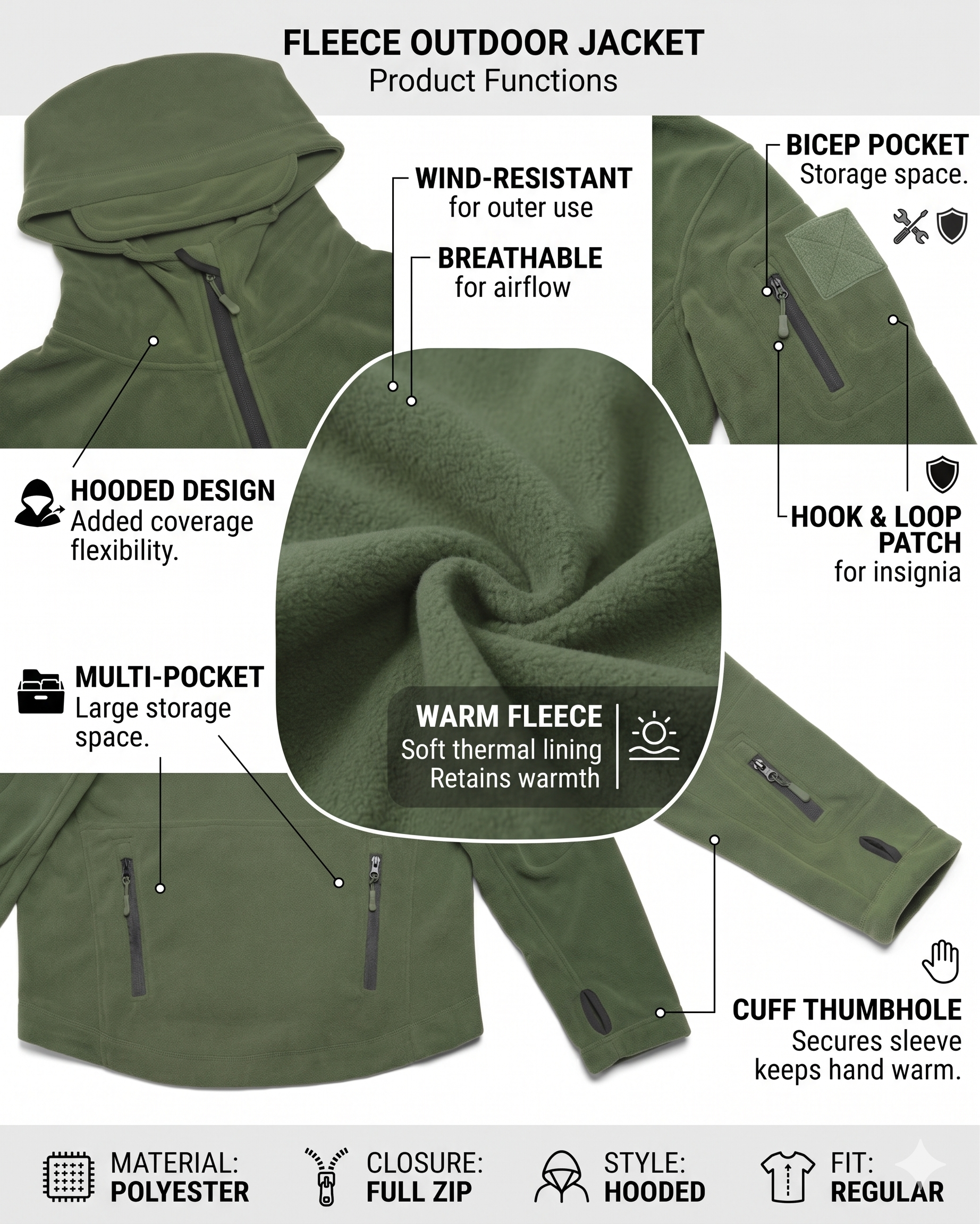 Men’s Winter Fleece Hoodie Jacket – Warm Full Zip Multi-Pocket Outdoor Coat