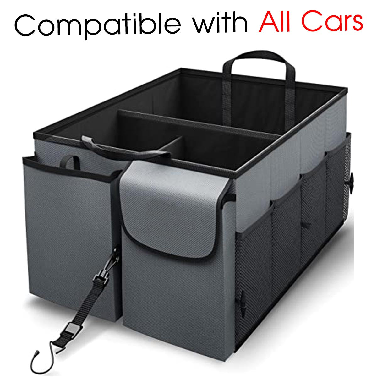 Car Trunk Organizer - Collapsible, Custom fit for All Cars, Multi-Compartment Automotive SUV Car Organizer for Storage w/ Adjustable Straps - Car Accessories for Women and Men JG12993