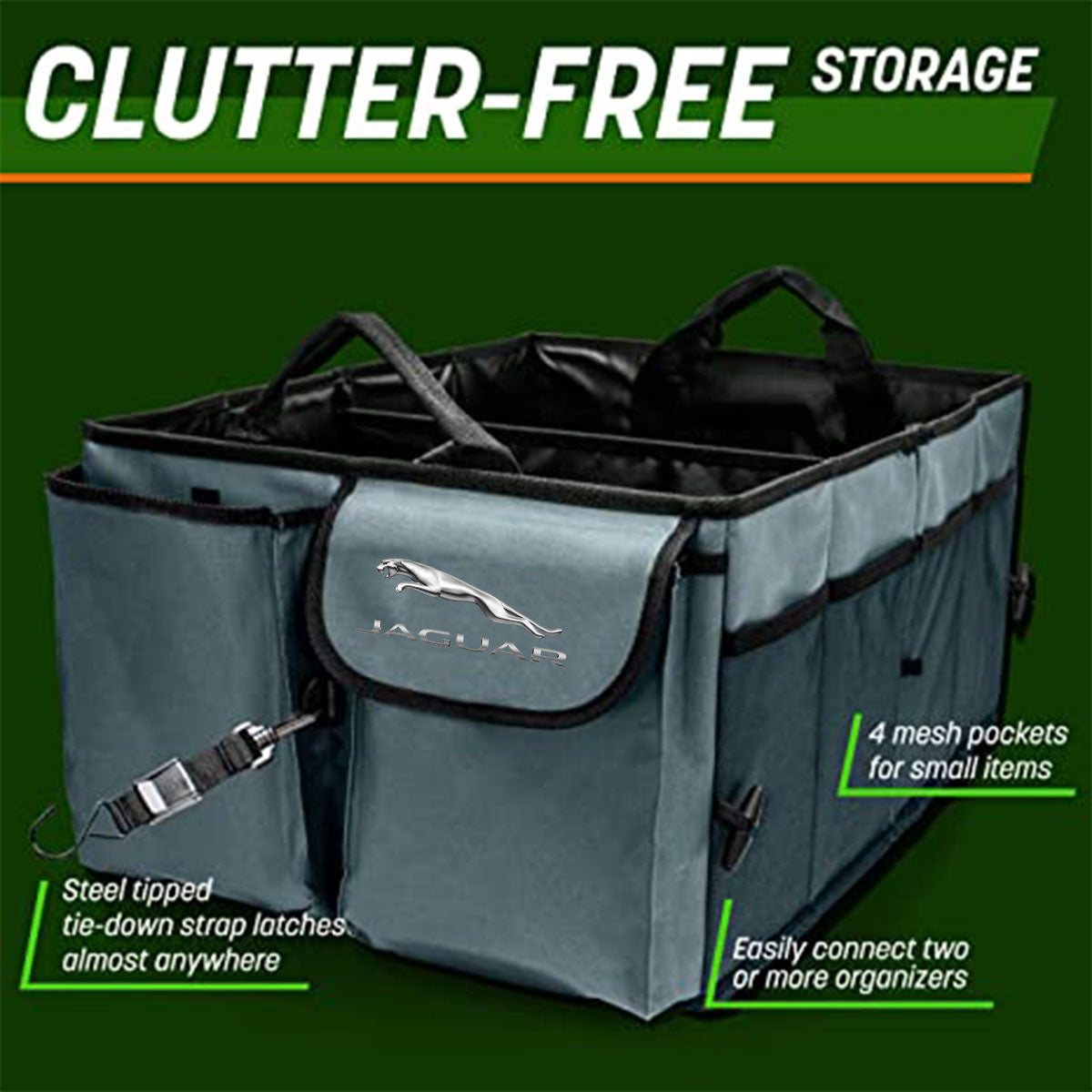 Car Trunk Organizer - Collapsible, Custom fit for All Cars, Multi-Compartment Automotive SUV Car Organizer for Storage w/ Adjustable Straps - Car Accessories for Women and Men JG12993