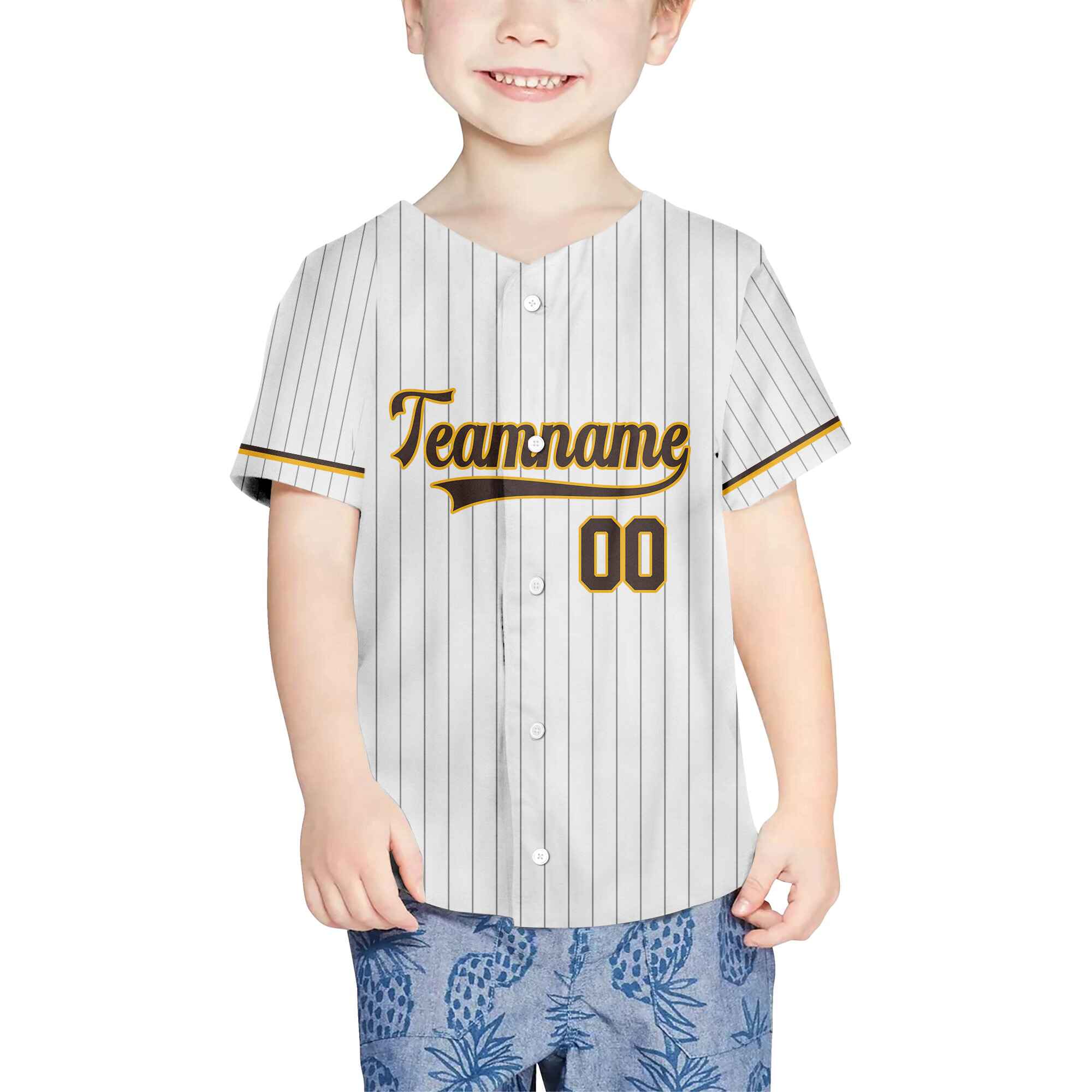 Custom White Brown Pinstripe Brown-Gold Baseball Jersey