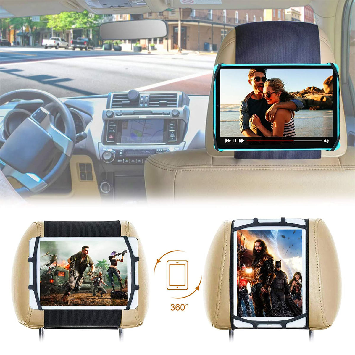 Car Headrest Mount Holder, Custom fit for Car, Tablet Holder for Kids in Back Seats, Anti-Slip Strap and Holding Net, Angle-Adjustable/ Fits All 7 Inch to 10.5 Inch Tablets