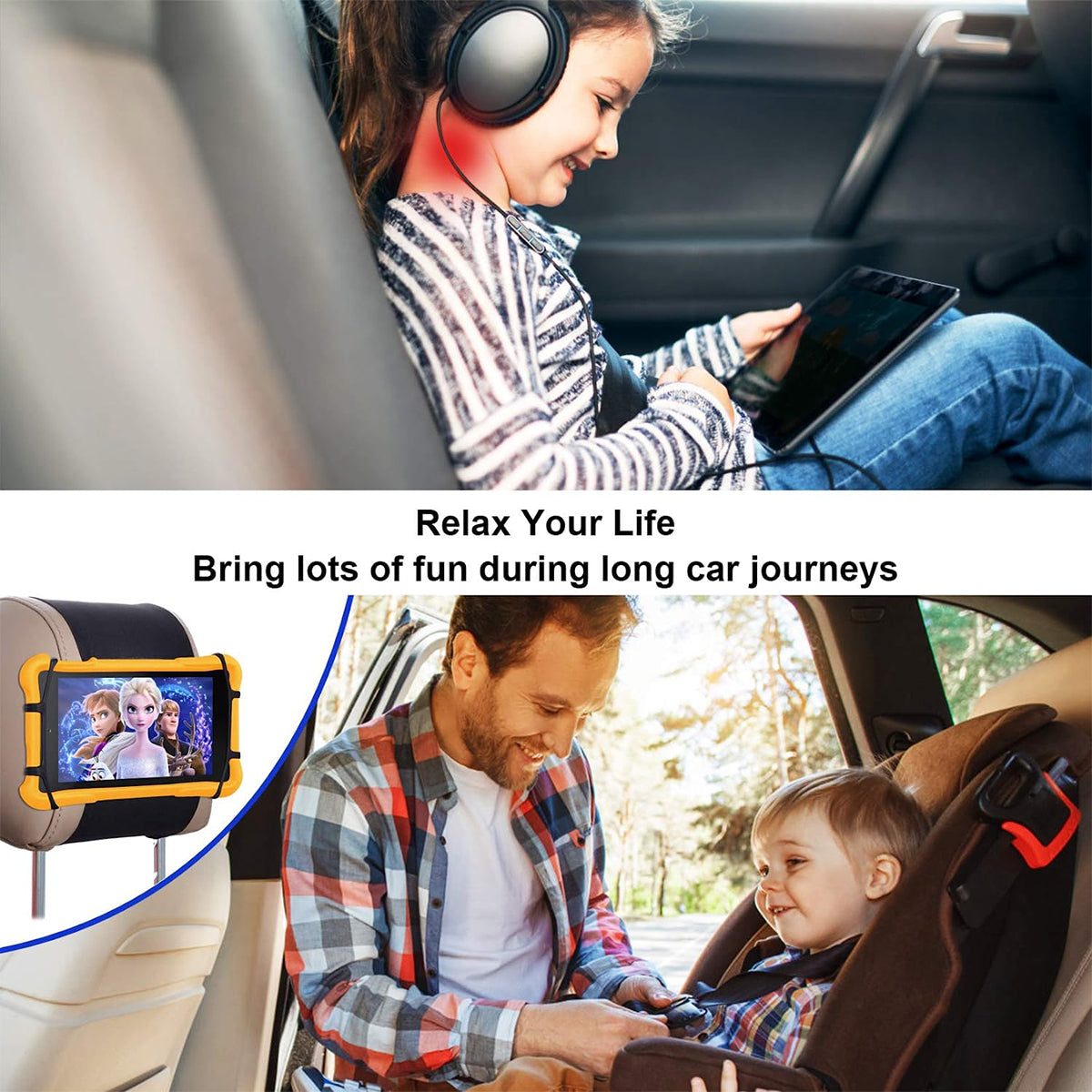 Car Headrest Mount Holder, Custom fit for Car, Tablet Holder for Kids in Back Seats, Anti-Slip Strap and Holding Net, Angle-Adjustable/ Fits All 7 Inch to 10.5 Inch Tablets