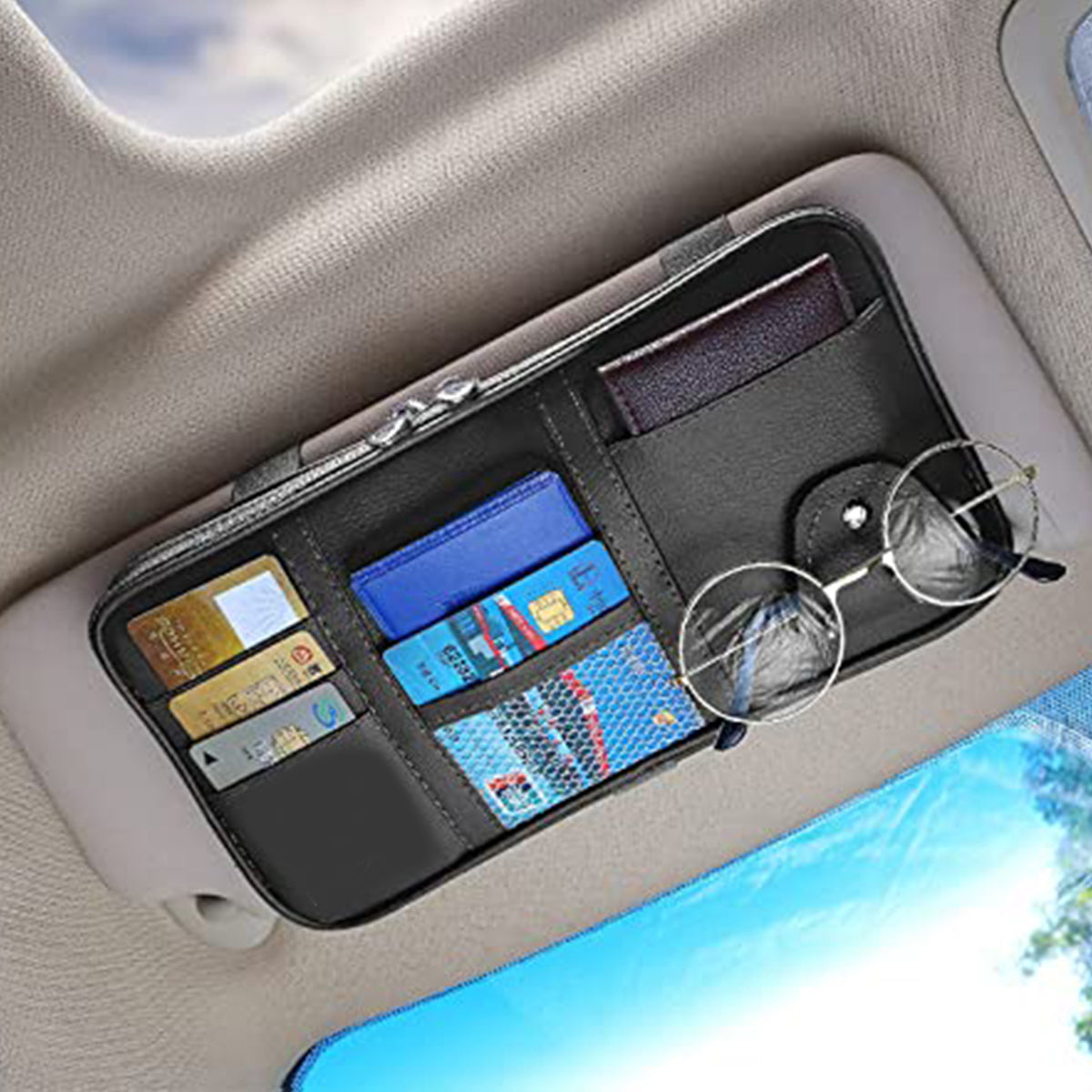 Car Sun Visor Organizer Truck SUV Sun Visor Storage Pocket PU Leather Pouch Holder with Multi-Pocket Double Zipper Net Pocket, for Cards Pens Sunglasses Document Newest, Custom fit for Car