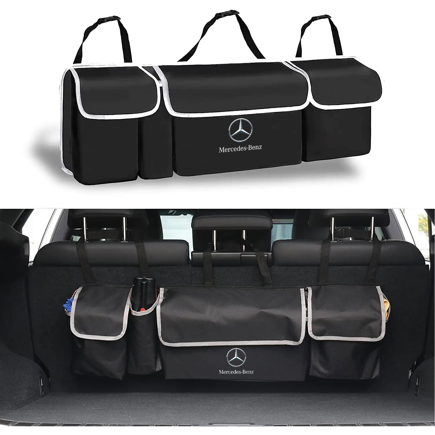 Car Trunk Hanging Organizer, Thick Backseat Trunk Storage Bag with 4 Pockets and 3 Adjustable Shoulder Straps, Foldable Car Trunk Interior Accessories Releases Your Trunk Space