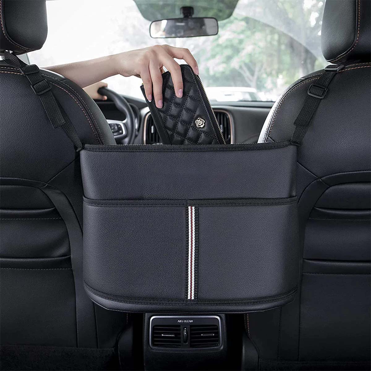 Car Purse Holder for Car Handbag Holder Between Seats Premium PU Leather, Custom Fit For Car, Hanging Car Purse Storage Pocket Back Seat Pet Barrier WAHY223