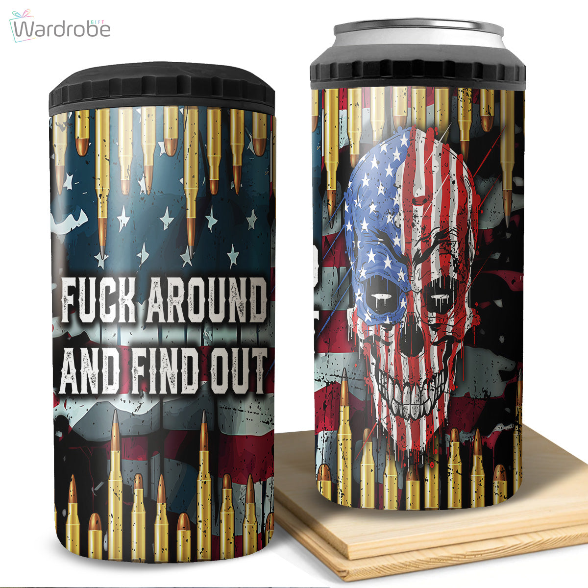 Find Out Skull American Flag Tumbler 4 in 1 Can Cooler 16Oz Tumbler Cup Bottle Cooler