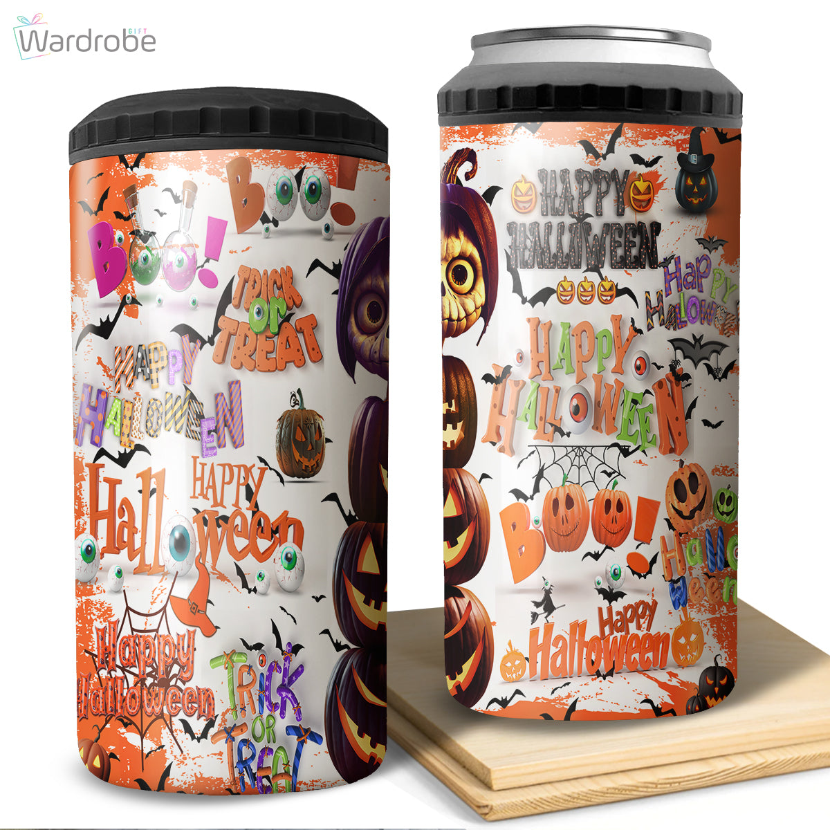 Happy Halloween WIth Pumpkin Tumbler 4 in 1 Can Cooler 16Oz Tumbler Cup Bottle Cooler