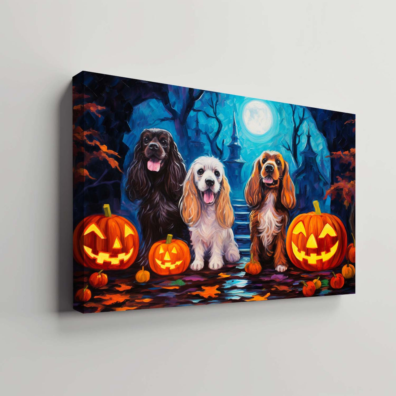 Cocker Spaniels Dog 01 Halloween With Pumpkin Oil Painting Van Goh Style, Wooden Canvas Prints Wall Art Painting , Canvas 3d Art